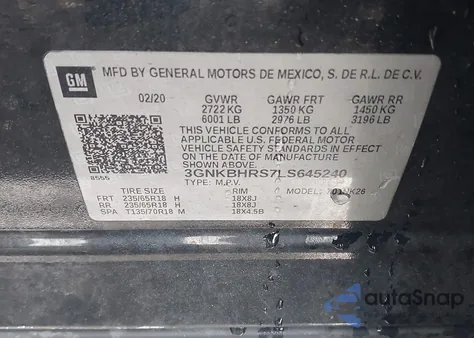 2020 Chevrolet Blazer Awd 2Lt из США, поврежденный, VIN 3GNKBHRS7LS645240